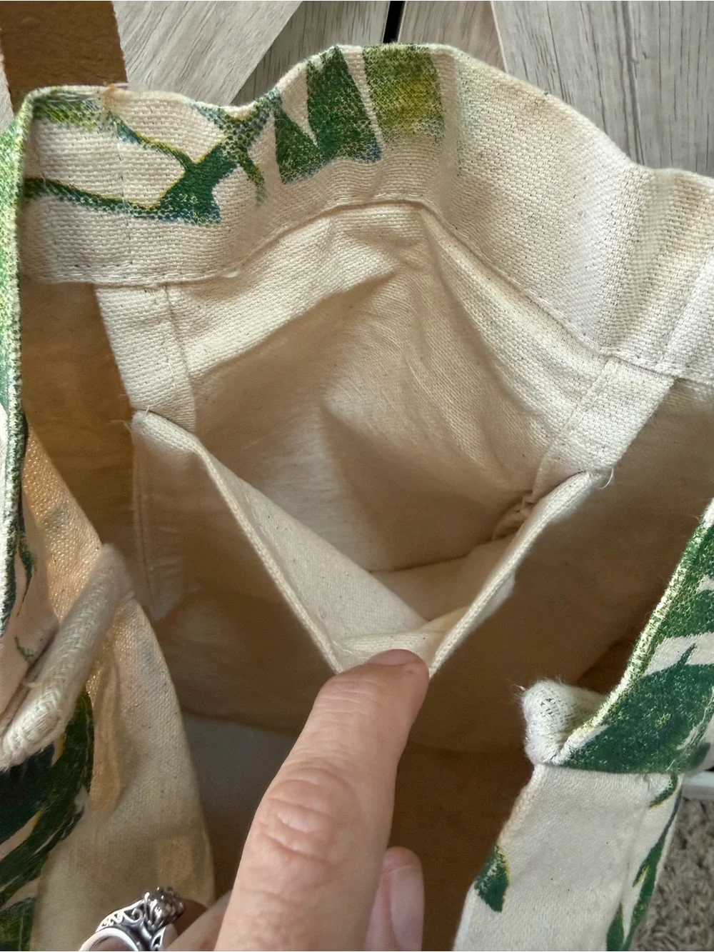 Tropical Leaf Print Canvas Tote with Brown faux leather Straps- 14x17”